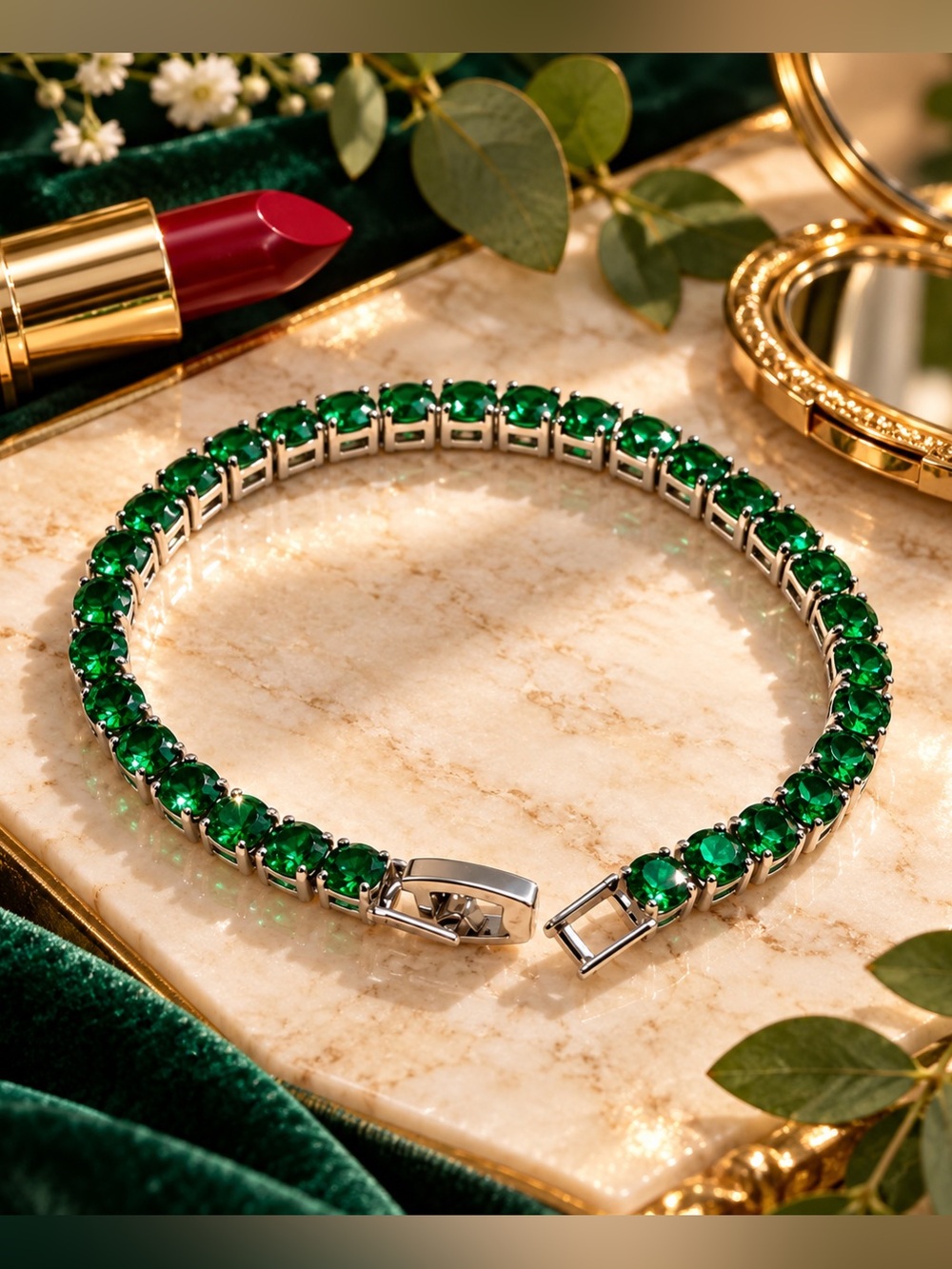 Emerald Green Rhinestone Tennis Bracelet Silver Tone